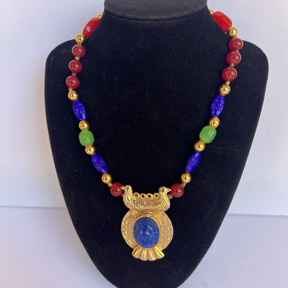 VTG Carol Dauplaise Egyptian Revival Scarab Glass Bead Necklace Gold Tone